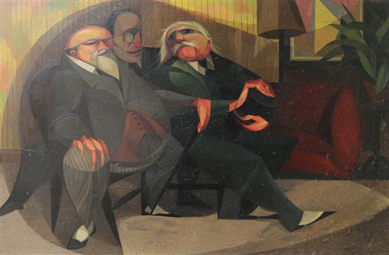 G E Ball, oil on board, gentlemen in conversation, signed and dated 51, 36 x 55cm